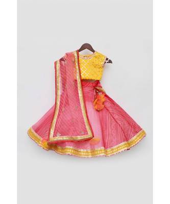 Yellow And Coral Organza Lehenga Choli Set For Girls 3