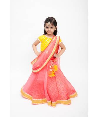 Yellow And Coral Organza Lehenga Choli Set For Girls 1