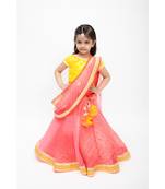 Yellow And Coral Organza Lehenga Choli Set For Girls