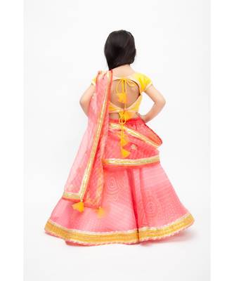 Yellow And Coral Organza Lehenga Choli Set For Girls 5