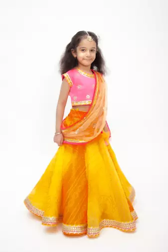 Hot Pink Choli With Yellow Organza Lehenga