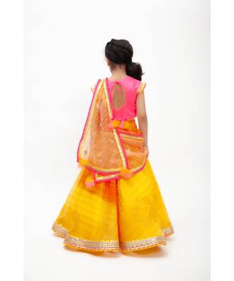 Hot Pink Choli With Yellow Organza Lehenga 5