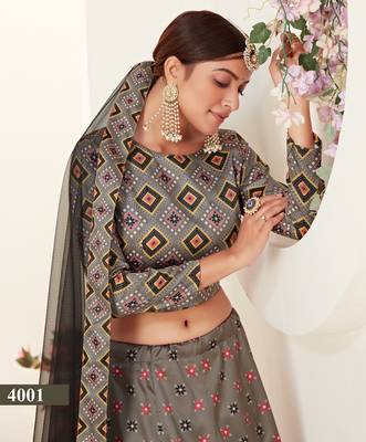 Multicolor printed silk semi stitched lehenga 4