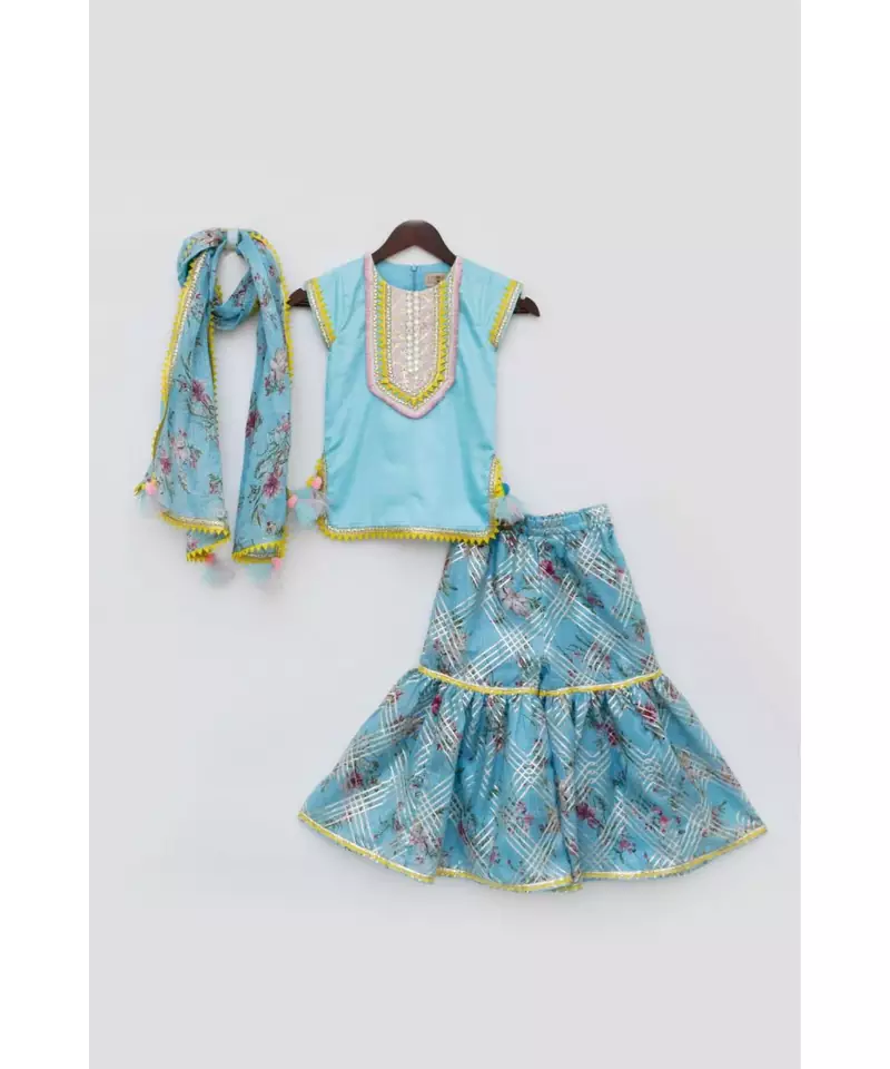 Blue Kurti with Kotta Print Fabric Sharara and Dupatta