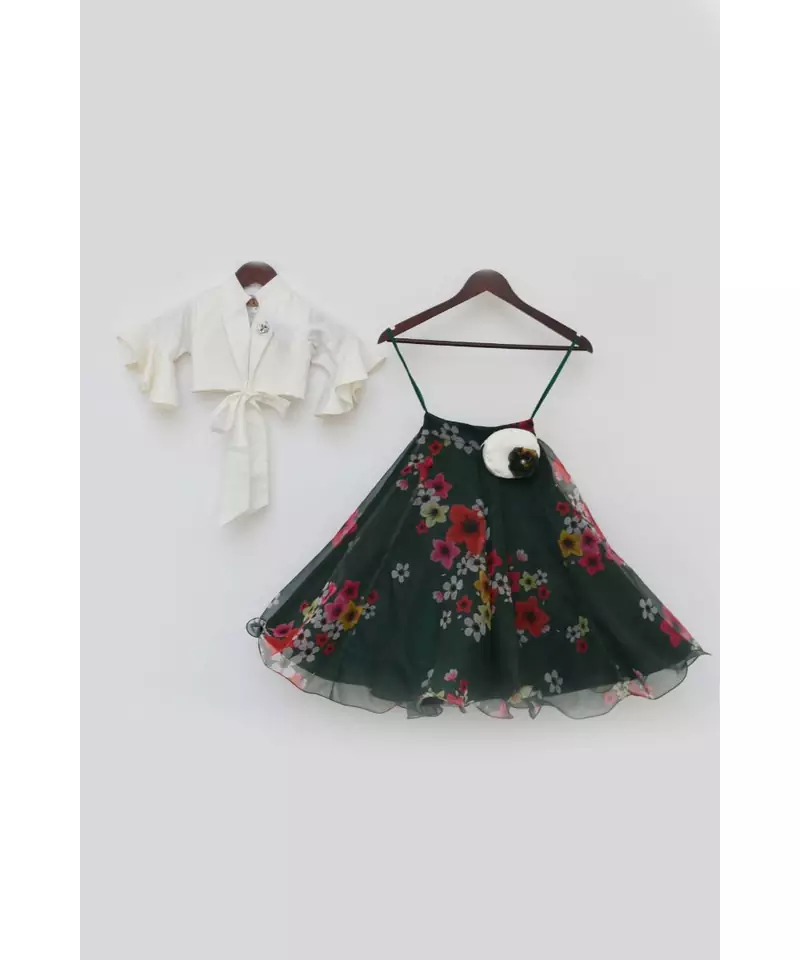 Green Printed Organza Lehenga with Tie Knotted Top