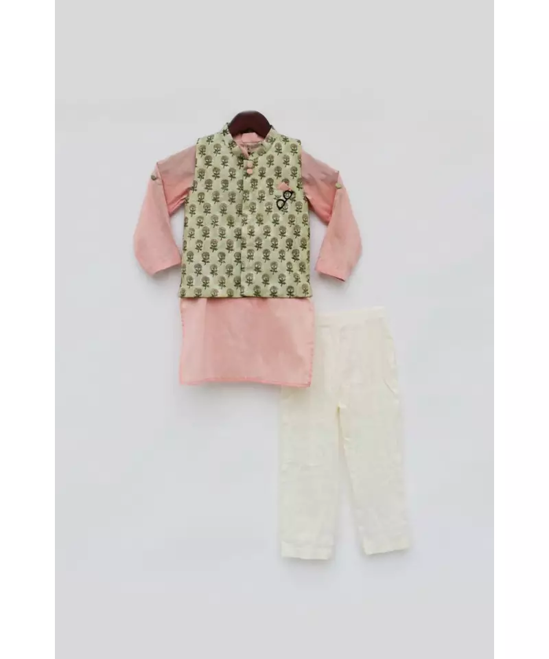 Green Print Jacket with Peach Kurta Set