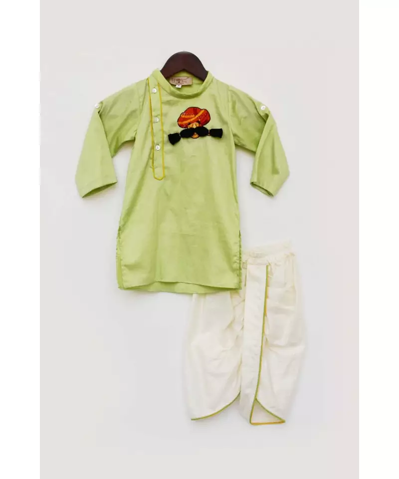 Green Kurta with Off White Dhoti Set