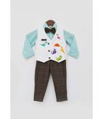 Acqua Shirt with Off White Waist Coat and Brown Checks Pant