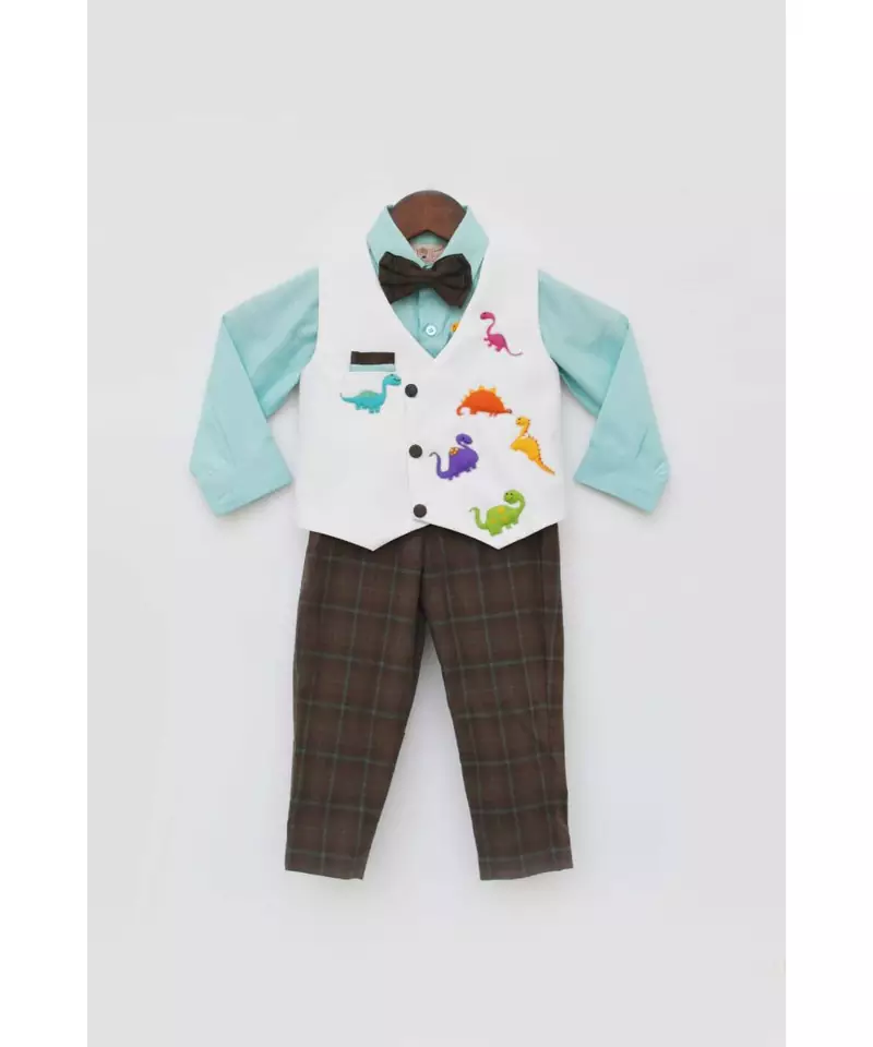 Acqua Shirt with Off White Waist Coat and Brown Checks Pant