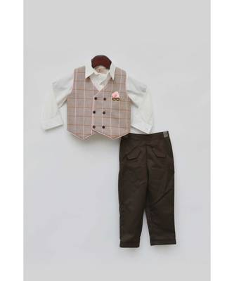 Dusty Brown Check Waist Coat with White Shirt and Pant 1
