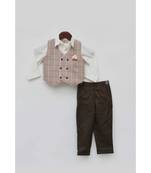 Dusty Brown Check Waist Coat with White Shirt and Pant