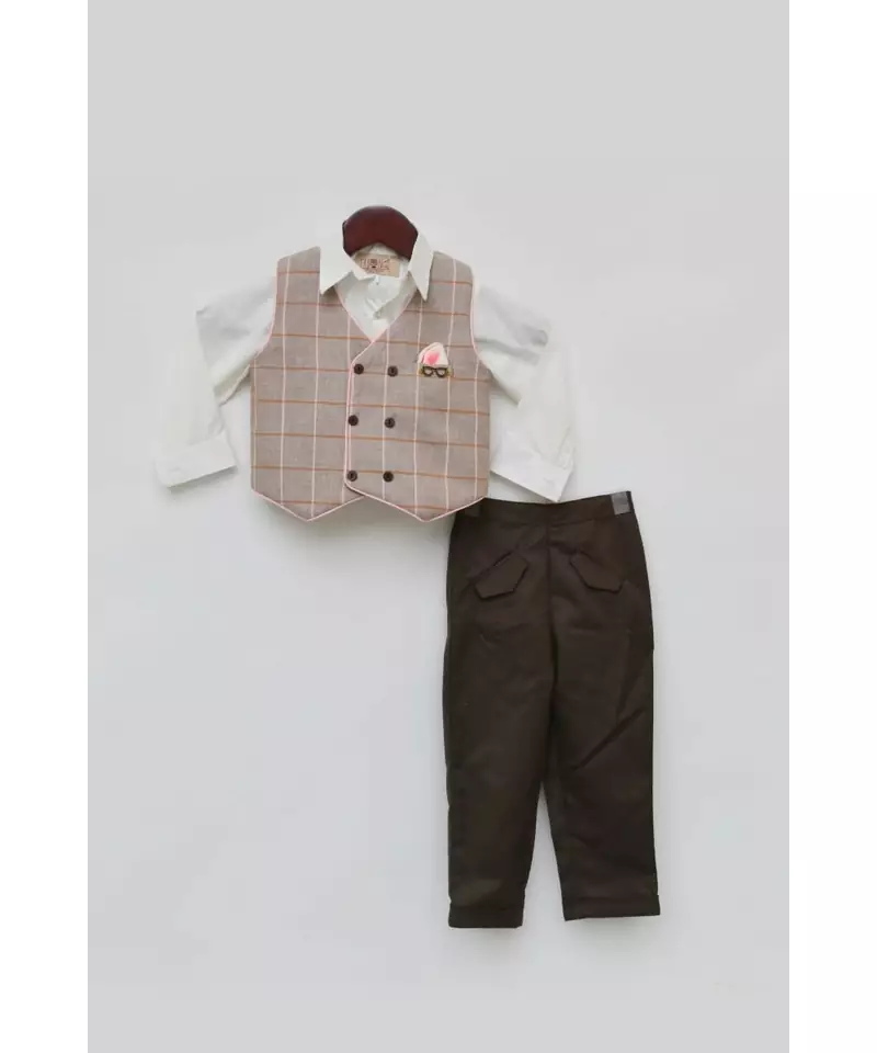 Dusty Brown Check Waist Coat with White Shirt and Pant