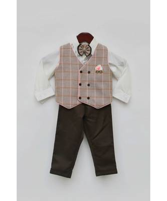 Dusty Brown Check Waist Coat with White Shirt and Pant 2