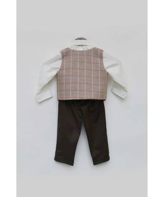 Dusty Brown Check Waist Coat with White Shirt and Pant 3