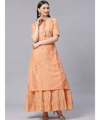 Peach Double Layered Gown with Gotta Patti Embroidery and Keyole Neckline 1