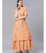 Peach Double Layered Gown with Gotta Patti Embroidery and Keyole Neckline