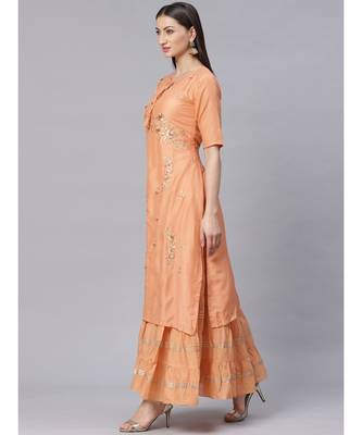 Peach Double Layered Gown with Gotta Patti Embroidery and Keyole Neckline 2