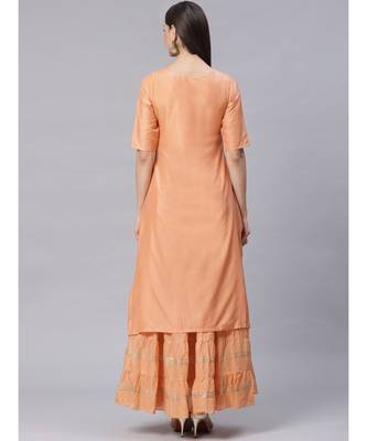 Peach Double Layered Gown with Gotta Patti Embroidery and Keyole Neckline 3