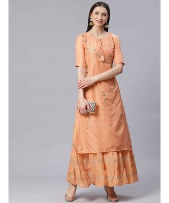 Peach Double Layered Gown with Gotta Patti Embroidery and Keyole Neckline 4