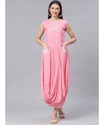 Pink Pastel Anarkali Draped Dress with Embroidered Pockets and Tassels 1