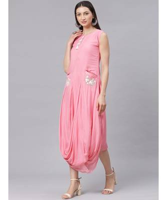 Pink Pastel Anarkali Draped Dress with Embroidered Pockets and Tassels 2