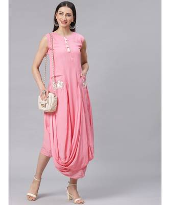 Pink Pastel Anarkali Draped Dress with Embroidered Pockets and Tassels 5