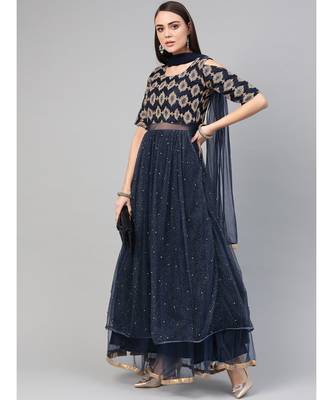 Blue  Cocktail Gown with Zari embroidery shimmer floral foil print and dupatta 1