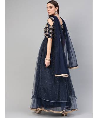 Blue  Cocktail Gown with Zari embroidery shimmer floral foil print and dupatta 2