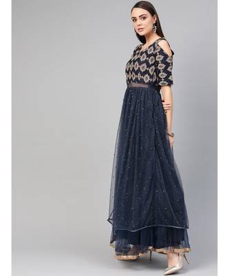 Blue  Cocktail Gown with Zari embroidery shimmer floral foil print and dupatta 3