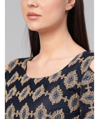 Blue  Cocktail Gown with Zari embroidery shimmer floral foil print and dupatta 4