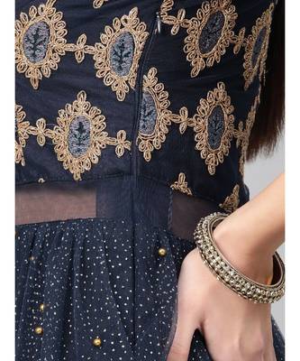 Blue  Cocktail Gown with Zari embroidery shimmer floral foil print and dupatta 5