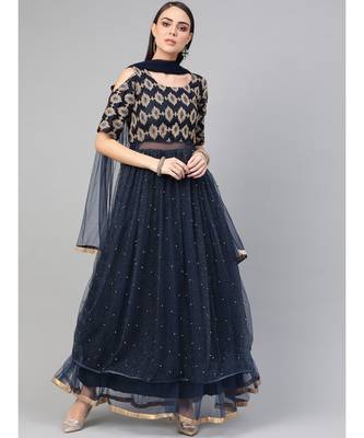 Blue  Cocktail Gown with Zari embroidery shimmer floral foil print and dupatta 6