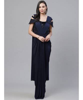 blue Ruffled Cocktail gown with attached dupatta Cowl style Layering and Sequence Bling 1