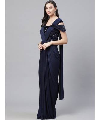 blue Ruffled Cocktail gown with attached dupatta Cowl style Layering and Sequence Bling 2