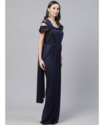 blue Ruffled Cocktail gown with attached dupatta Cowl style Layering and Sequence Bling 3