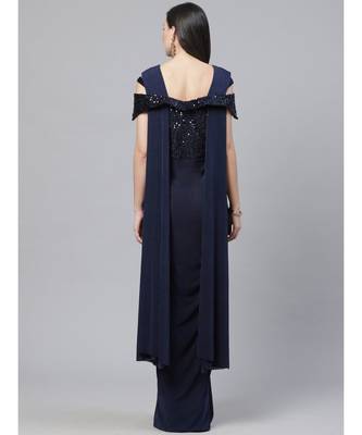 blue Ruffled Cocktail gown with attached dupatta Cowl style Layering and Sequence Bling 4