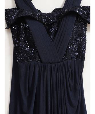 blue Ruffled Cocktail gown with attached dupatta Cowl style Layering and Sequence Bling 6