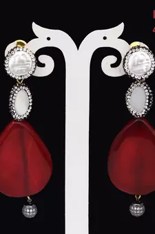 Red beaded jewellery Brass Copper   pair of Earrings