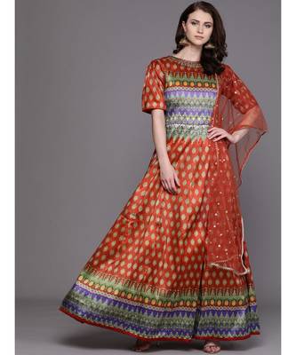 Orange Embellished Cocktail Gown with Bohemian Print in summer floral pattern 1