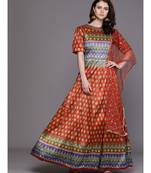 Orange Embellished Cocktail Gown with Bohemian Print in summer floral pattern