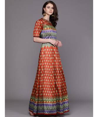 Orange Embellished Cocktail Gown with Bohemian Print in summer floral pattern 3