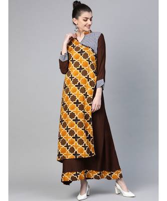 Brown Kalamkari Inspired Print Long Dress with Wooden Buttons and Layering 1