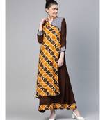 Brown Kalamkari Inspired Print Long Dress with Wooden Buttons and Layering