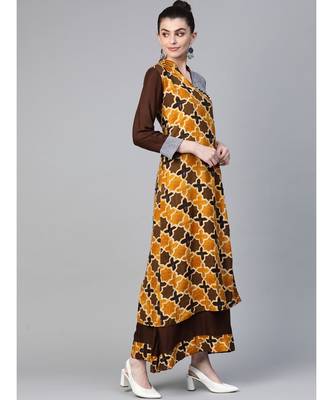 Brown Kalamkari Inspired Print Long Dress with Wooden Buttons and Layering 2