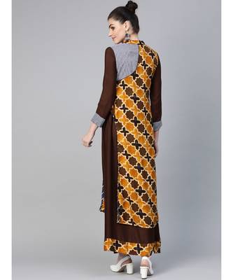 Brown Kalamkari Inspired Print Long Dress with Wooden Buttons and Layering 3
