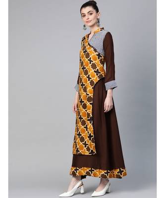 Brown Kalamkari Inspired Print Long Dress with Wooden Buttons and Layering 4