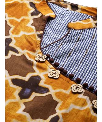 Brown Kalamkari Inspired Print Long Dress with Wooden Buttons and Layering 5