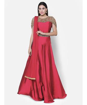 Red  Red Art Silk Embellished Floor Length Cocktail Gown 1