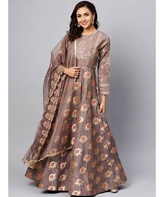 Grey Embellished Gown with Banarasi weaving and Zari Embroidered Dupatta 1