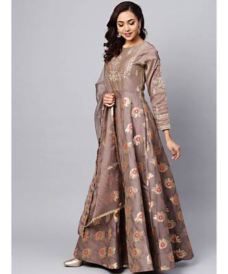 Grey Embellished Gown with Banarasi weaving and Zari Embroidered Dupatta 2